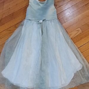 Girls Pale Blue Satin & Tulle Party Dress with Floral Waist Accent
